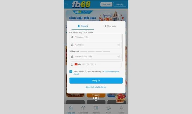 Giao diện đăng ký FB68