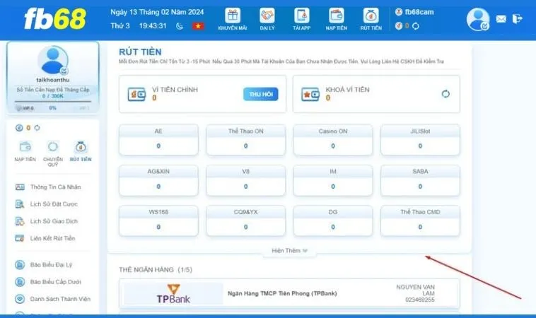 Bí Kíp Rút Tiền FB68 Nhanh Chóng, An Toàn Cho Cược Thủ 2025 2 Giao diện rút tiền FB68
